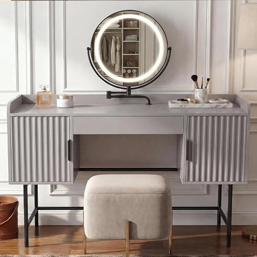 Image of Blisswood Dressing Table with LED Mirror, Fluted Vanity Makeup Desk with Drawer & 2 Side Cabinets, Rotatable Vanity Mirror & Adjustable Brightness, Wide Tabletop with Gold Metal Legs for Bedroom_Taupe