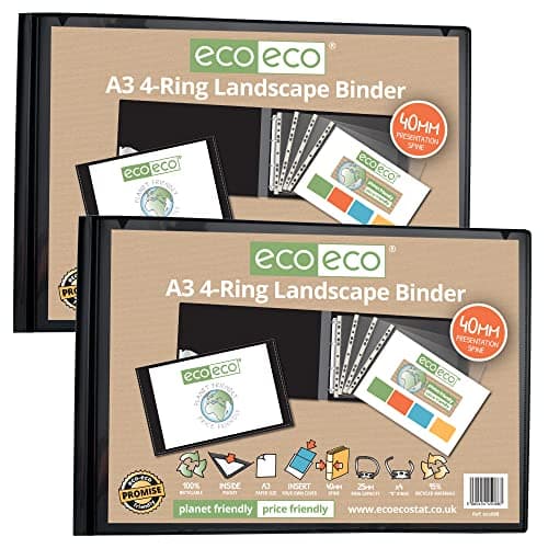 Image of eco-eco A3 95% Recycled 4-D Landscape Ring Binder File Folder Black, Artwork Portfolio, Pack of 2 Folders, eco088x2