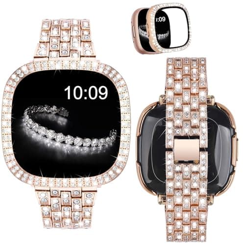 Image of VISOOM Diamond Straps Compatible with Fitbit Versa 4 / Sense 2 Strap for Women, Cute Bling Bracelets Metal Watch Band and Rhinestone Protective Case for Fitbit Watch - Rose Gold