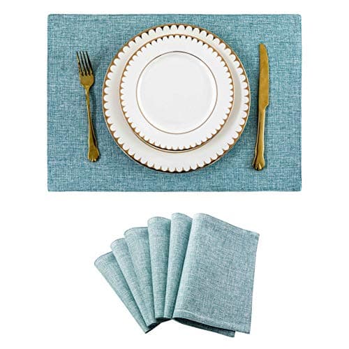 Image of Home Brilliant Table Mats Set of 6, Teal Placemats for Kitchen Dinning Restaurant, Faux Linen Heat Resistant Washable Place Mats, 33 x 48 cm(13x19 Inch), Teal