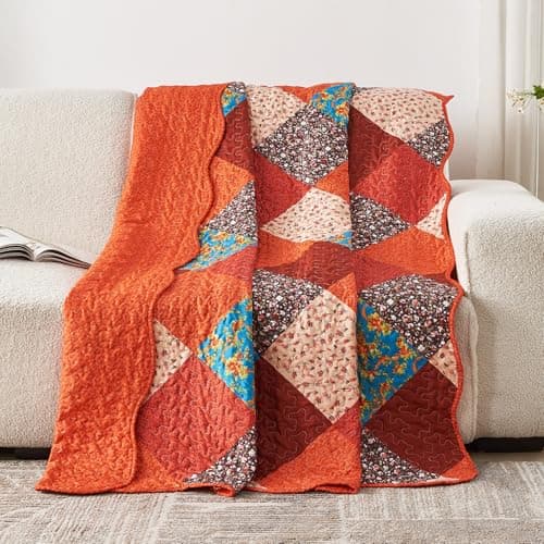 Image of Qucover Quilted Bedspread Single Size, Multicolour Print Red Orange Blue Patchwork Quilt 150x200cm for Single Bed, Lightweight Soft Microfiber Floral Reversible Bed Throw Bedspread for All Seasons