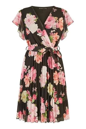 Image of Mela Black Floral Print Pleated Wrap Skater Dress (UK, Numeric, 8, Regular, Regular, Black)