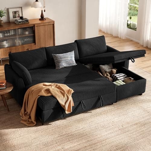 Image of HOMRELEXA Corner Sofa Bed, Corduroy L Shaped Sofa, Convertible Pull Out Sectional Couch Bed with Storage, Reversible Chaise for Left or Right, Black