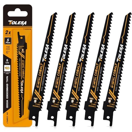Image of TOLESA Reciprocating Saw Blades for Wood Nail Embedded Window Door Demolition and Construction Wood Cutting 150mm 6TPI Sawzall Blades Bi-Metal Teeth with Cobalt Sharp Cutting 5 Pack