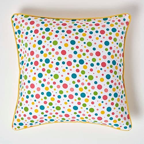 Image of HOMESCAPES - 100% Cotton - Polka Dots - Cushion Cover - 45 x 45 cm Square - 18 x 18 Inches - Multi Colour Orange Red Blue Yellow - 100% Cotton Sofa Pillow Cushion Cover - Washable