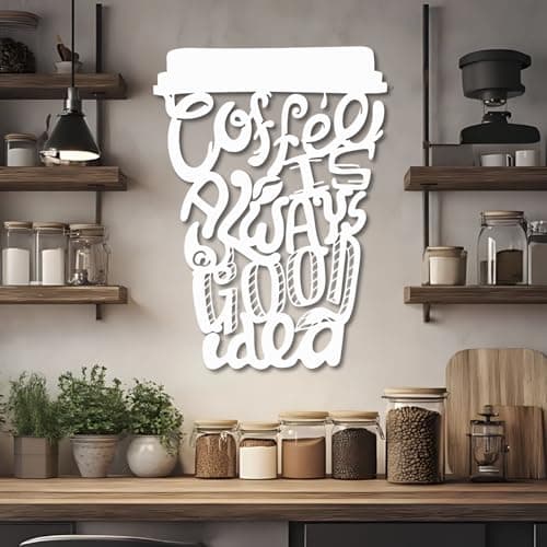 Image of Metal Wall Artwall Decorblack Coffee Cup Cafe Bar Decor Coffee Work Decoration Modern Sculpture For Living Room Bedroom Hallway And Stairs (White 24"X17"