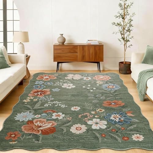 Image of SOANNY Floral Living Room Rug, Vintage Scalloped Boho Area Carpet, Soft Low Pile Washable Non Slip Stain Resistant Rugs for Bedroom Entryway Vanity Office Dining Room, 80x150 cm, Olive Green