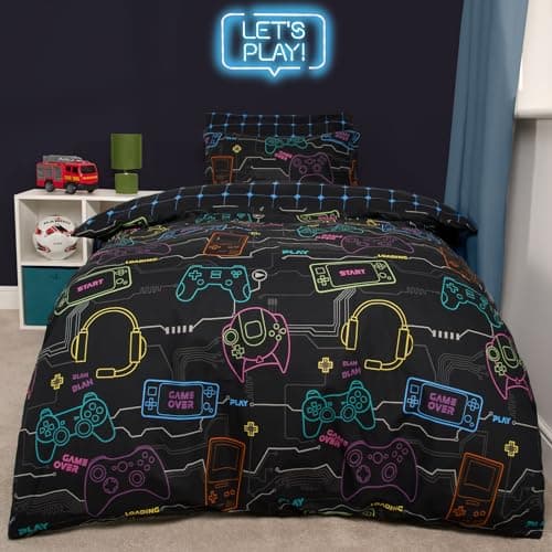 Image of OHS Kids Double Duvet Set Gaming Bedding, Gaming Gifts for Boys Super Soft Warm Comfy Polycotton Boys Bedding Stylish Reversible Double Quilt Cover with Pillowcases, Black