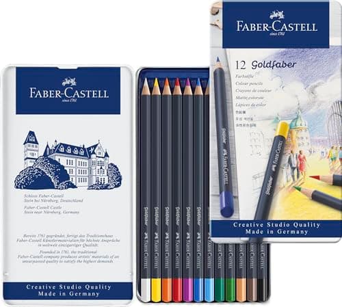 Image of Faber-Castell Creative Studio Goldfaber Colour Pencil, Multicoloured Tin of 12 Pencils, Art, Craft, Drawing, Sketching, Home, School, University, Colouring