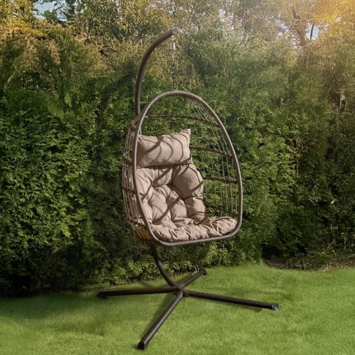 Image of OHS Hanging Egg Chair Grey, Rattan Garden Swing Chair Wicker Hammock with Stand Indoor Outdoor Patio Garden Furniture Relaxing Comfy Foldable Egg Chairs with Grey Cushion Included