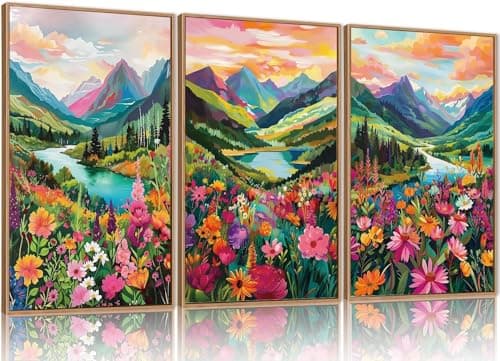 Image of TOARTi Wildflower Blossom Framed Canvas Wall Art Set,Colorful Flowers Painting,Abstract Landscape Wall Decor,Natural Ridge Floral Art Print for Living Room,Dining Room,Office 12x16inchx3pcs
