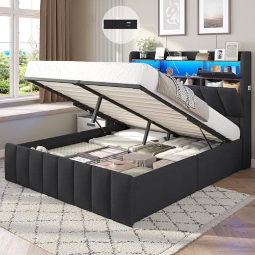 Image of DICTAC 5ft King Size Ottoman Storage Bed with LED Lights, USB Charging & Wooden Slats – 150x200 cm Hydraulic Lift Up Bed Frame with Upholstered Headboard – King Size Bed Frame with Storage