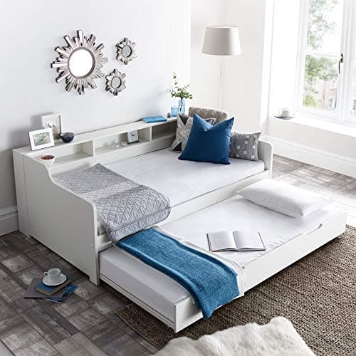 Image of Guest Bed and Trundle, Happy Beds Tyler White Wooden Storage Daybed - 3ft Single (90 x 190 cm) with 2 Spring Mattresses Included