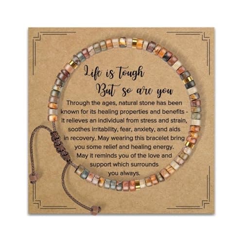 Image of Onperpoe Natural Stone Adjustable Beaded Bracelets, Friendship Bracelet, Healing Bracelets for Women Yoga Meditation Birthday Gifts Inspirational Cards Life is Tough But So are You Anxiety Bracelet