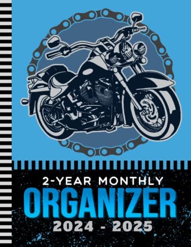 Image of 2-Year Monthly Organizer 2024-2025: 8.5x11 Large Dated Monthly Schedule With 100 Blank College-Ruled Paper Combo / 24-Month Life Organizing Gift / Motorcycle Bike Chain Art on Black Blue Cover