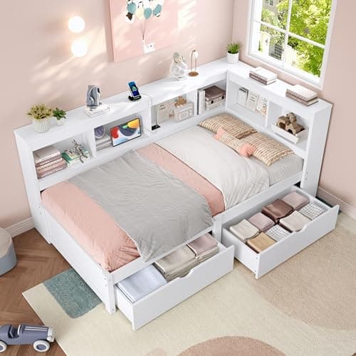 Image of Miyemo Single Bed Frame with Storage Drawers, 3ft Cabinet Platform Bed with Charging-Station & Beside Storage, Wood Daybed for Living Room/Bedroom/Study Room, 90x190cm, White, (No Mattress)