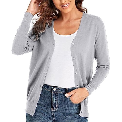 Image of CUNYI Cardigan for Women V-Neck Womens Long Sleeve Sweater with Buttons Ladies Knit Coat Elegant, Light Grey S