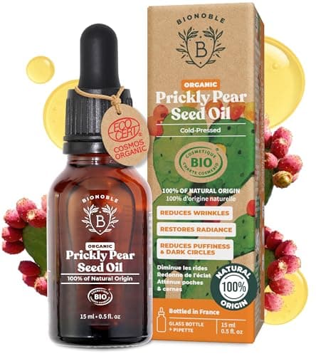 Image of BIONOBLE Organic Prickly Pear Seed Oil, Cold-Pressed, 100% Pure, Hexane-Free - Moroccan Prickly Pear Oil for Face - Anti-Ageing, Reduces Wrinkles and Dark Circles - Glass Bottle with Pipette - 15ml
