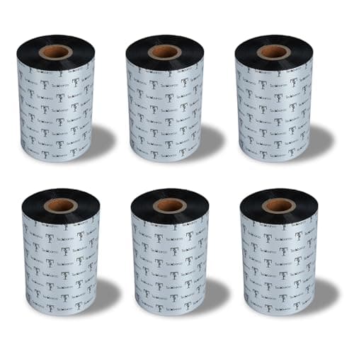 Image of 6 Rolls 4.33" x 1476' Premium Enhanced Wax Thermal Transfer Ribbon, 110mm x 450m Black Industrial Barcode Label Printer Ribbon - Compatible with Zebra, TSC, GoDex, Citizen, 1" Core