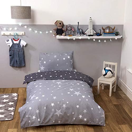Image of Dreamscene Cot Bed Duvet Cover Set Toddler Bedding, Reversible Super Soft Warm Polycotton Textured Stars Quilt Covers Toddler Duvet Cover Stylish Kids Bedding with Pillowcases, Silver/Grey