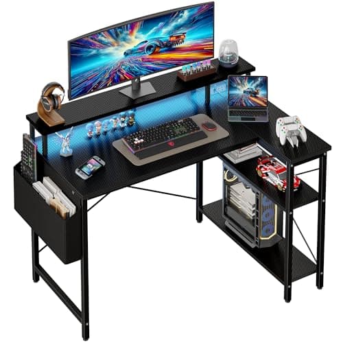 Image of Grandder L Shaped Desk with LED Lights & Power Outlets, 100 cm Gaming Desk with 2 Shelves, Computer Table with Monitor Stand, Home Office, Carbon Black