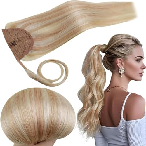 Image of RUNATURE 16 Inch Pony tail Hair Extension Real Human Hair Blonde Highlight Ash Blonde Ponytail Hair Extension Human Hair Straight Hair 80g#18/613