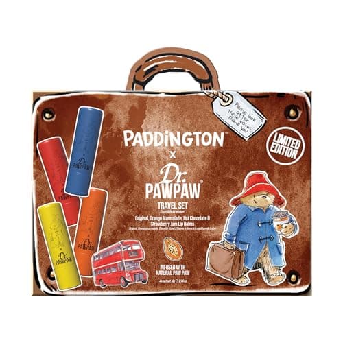 Image of Dr.PAWPAW x Paddington Travel Lip Balm Set 4 x 4g, Original Orange Marmalade Strawberry Jam and Hot Chocolate, Vegan Hydrating Pawpaw Lip Care, Pocket Size Gift Set