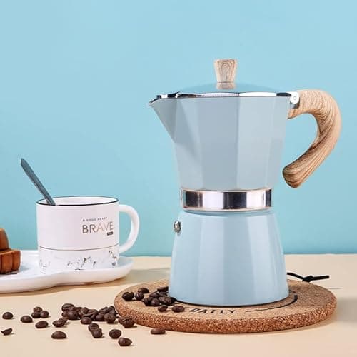 Image of Retoteng Stovetop Espresso Maker, 6 Espresso Cup Moka Pot - 10oz Manual Cuban Coffee Percolator Machine Premium Aluminum Moka Italian Espresso Greca Coffee Maker Brewer Percolator (Blue)