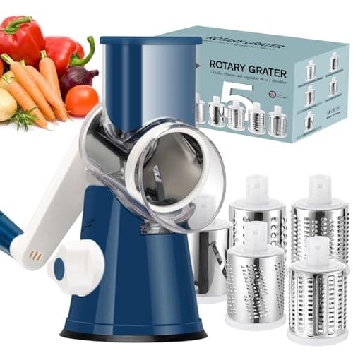 Image of Ourokhome Rotary Cheese Grater Hand Crank, Kitchen Shredder Speed Mandolin Slicer Ice Shaver with Handle and Drum Blades for Cheese, Vegetable, Nuts, Chocolate, Potato, Carrot, 5 Blades, Dark Blue