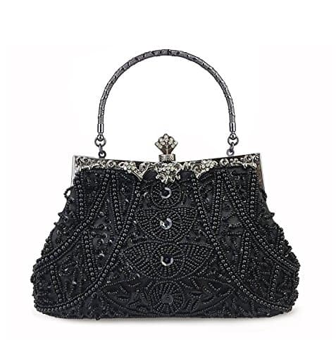 Image of HONGCI Women's Black Glitter Fashion Beaded Sequin Pearl Clutch Handbag - Vintage Beaded Evening Bag, Bridal Bag, Clutch for Wedding, Party, Prom