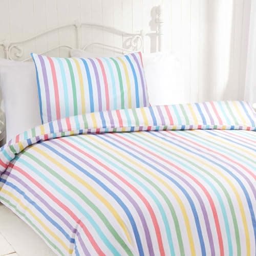 Image of Rapport home Candy Stripe Single Duvet Cover Set - 100% Cotton, Multicolour Striped Pattern, Easy Care Bedding for Kids & Adults