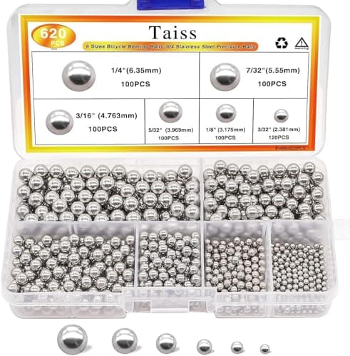 Image of Taiss 620PCS 304 Stainless Steel Precision Balls,Bicycle Bearing Balls Assortment Kit,6 Sizes Steel Balls 1/4" 7/32" 3/16" 5/32" 1/8" 3/32",precision ball bearings stainless steel F-086-620PCS