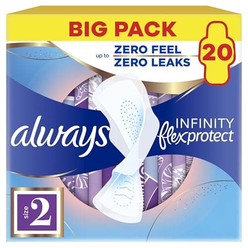 Image of Always Infinity FlexProtect Sanitary Towels Long (Size 2) with Wings 20 Pads, Unscented, for Up to Zero Feel & Zero Leaks, Super-Absorbent & Flexible Protection
