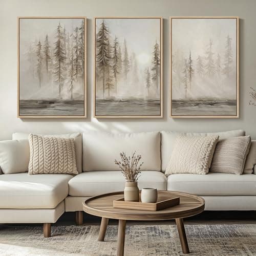 Image of Framed Netural Wall Art for Living Room, Large 3 Piece Abstract Pastel Grunge Forest Landscape Tree Canvas Artwork Set, Modern Art Decorative Nordic Painting Picture Prints for Hallway Office 24x36