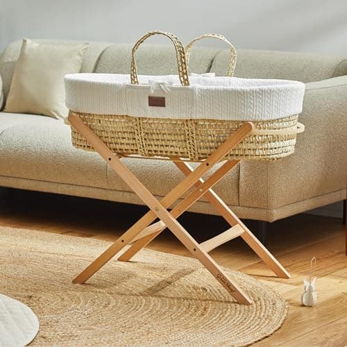 Image of The Little Green Sheep Moses Basket with Stand - Organic Knitted Bassinet Made with Natural Palm Leaf, Mattress and Natural Foldable Stand, Free From any Nasties, Durable and Lightweight, Dove