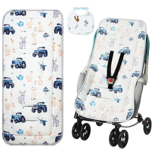 Image of AOGOE Baby Pushchair Seat Liner, Reversible Pram Liner with Bibs, Universal 100% Cotton Pushchair Liner Stroller Seat Pad, Breathable Buggy Seat Cover, Washable Warm Infant Seat Mat for Most Pushchair