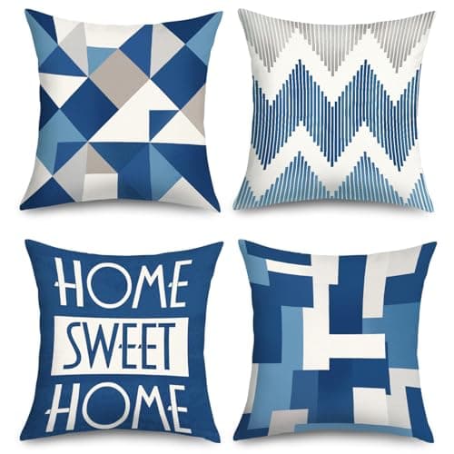 Image of Joymaison Blue Geometric Cushion Covers 45 x 45 Pack of 4 Boho Modern Home Sweet Home Square Throw Pillow Case Decorative Sofa Cushion with Invisible Zipper