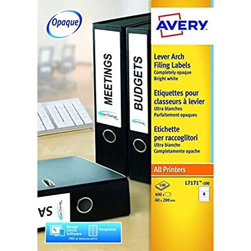 Image of Avery Printable, Customisable Lever Arch File Labels, 4 Labels Per A4 Sheet, 40 Labels Per Pack, White Black Printer Labels L7171-10
