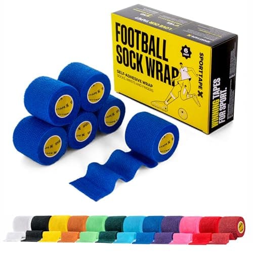 Image of 6 Rolls - SPORTTAPE Self-Adhesive Football Sock Tape | 5cm x 4.5m - Blue | Cohesive Bandage Sock Wrap, Shin Pad Tape | Goalkeeper Wrist Tape & Football Ankle Tape | Pet & Vet Wrap for Dogs, Horses