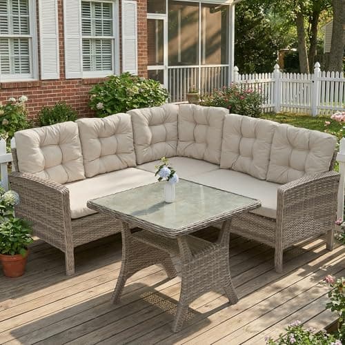 Image of COMLAX FIELD Rattan Garden Furniture, Dining Table Set & 5 Seater Corner Sofa, L Shaped Outdoor Sofa with Thick Cushion, Weatherproof PE Rattan Wicker for Patio Outdoor Backyard Conservatory, Beige