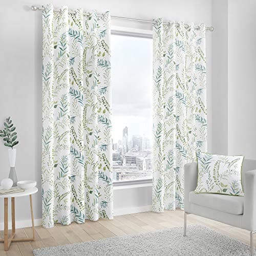 Image of Fusion Fernworthy Leaf Print 100% Cotton Eyelet Lined Curtains, Green, 46 x 54 Inch