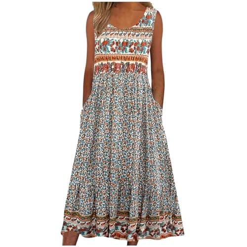Image of Boho Dresses for Women UK Italian Short Sleeve Button V Neck Dress with Pocket Ladies Floral Casual Sundress Elegant Swing Midi Dress Loose Pullover Lounge Dresses Beach Holiday Sundress