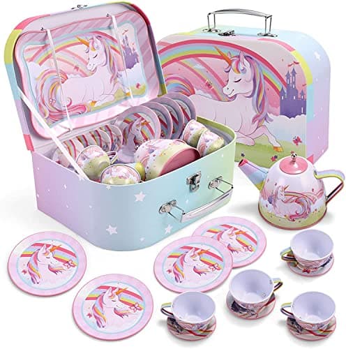 Image of JOYIN Unicorn Tea Set for Toddlers Tea Party Set for Children Kids Pretend Role Play Tin Teapot Set with Cups, Plates and Carrying Case Kitchen Toy for Little Girls Birthday Gifts Age 3 4 5 6