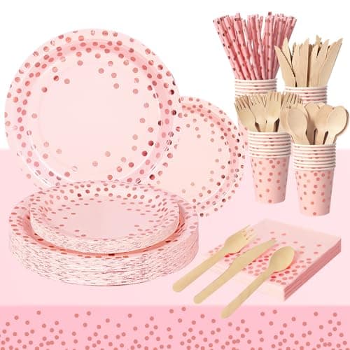 Image of Nkaiso Pink and Rose Gold Party Tableware 193 Pieces Paper Supplies Set Includes Paper Plates Napkins Cups Reusable Cutlery for Shower Engagement Wedding Birthday -24 Guests