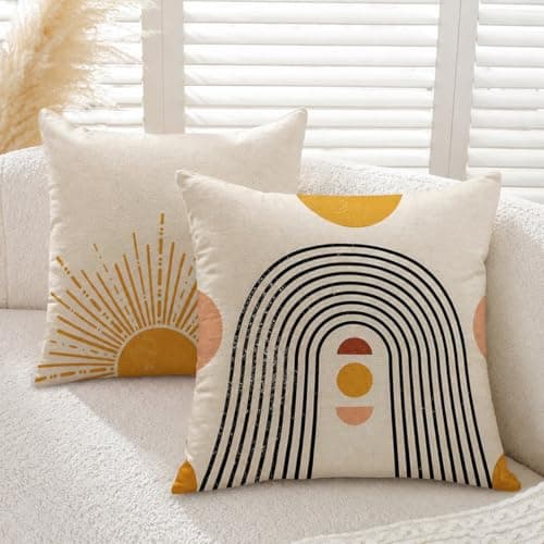 Image of Gemdoit Cushion Covers 45 x 45 cm Pack of 2 Abstract Sun Rainbow Geometric Throw Pillow Covers 18x18 Square Sofa Cushions for Living Room Home Decor