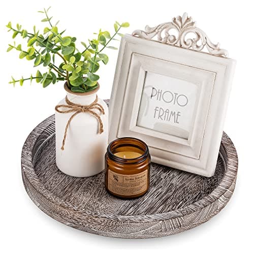 Image of Hanobe Round Wood Candle Tray: Rustic Wooden Candle Holder Whitewash Pillar Stand Farmhouse Tea Light Plate Base for Living Room Coffee Table Centerpiece for Kitchen Counter Bathroom Home Decor,11.8"…