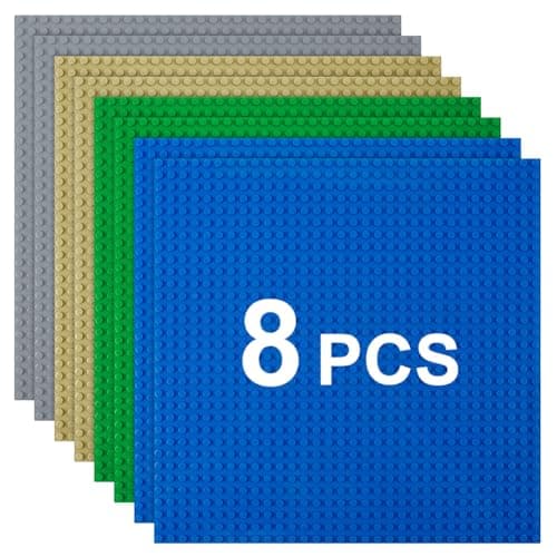 Image of HOTUT Classic Baseplates, 8 Pack Square 32x32 Stud Building Base, 10"×10" Large Building Board Base Plates, 100% Compatible with All Major Brands, Build and Display Board Set - Grey/Green/Sand/Blue