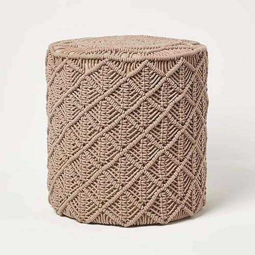 Image of HOMESCAPES Brown Macrame Knitted Pouffe 42 cm Tall 100% Cotton Crochet Round Footstool with Braided Cover
