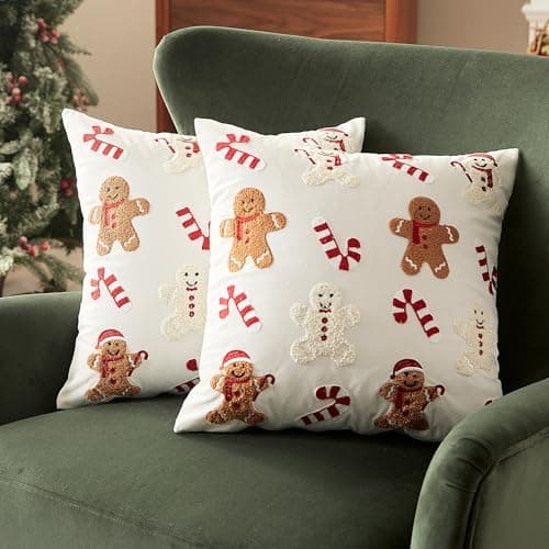 Image of Sonvie Christmas Cushion Covers Set Of 2 with Gingerbread & Candy Cane Decor, Soft Decorative Square Throw Pillow Cover 45x45cm (18x18 in), Pillows Cases for Bedroom Sofa Couch Decorations