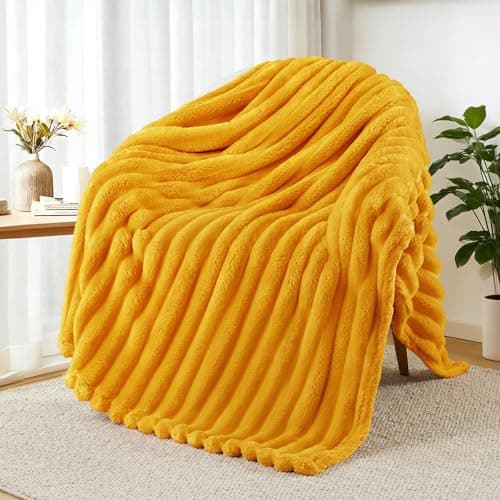 Image of Exclusivo Mezcla Fleece Throw Blanket for Sofa, Super Soft Striped Jacquard Bed Blanket, Lightweight Fuzzy Cozy for All Seasons, 127x152 CM, Mustard Yellow